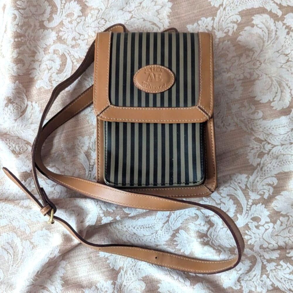Allan Edward Preppy Ivy League Black & Tan Striped Crossbody Purse Phone Wallet
